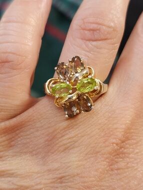 Spicy 925 Natural Peridot & Champagne Topaz Cluster Cocktail Ring Sz 7